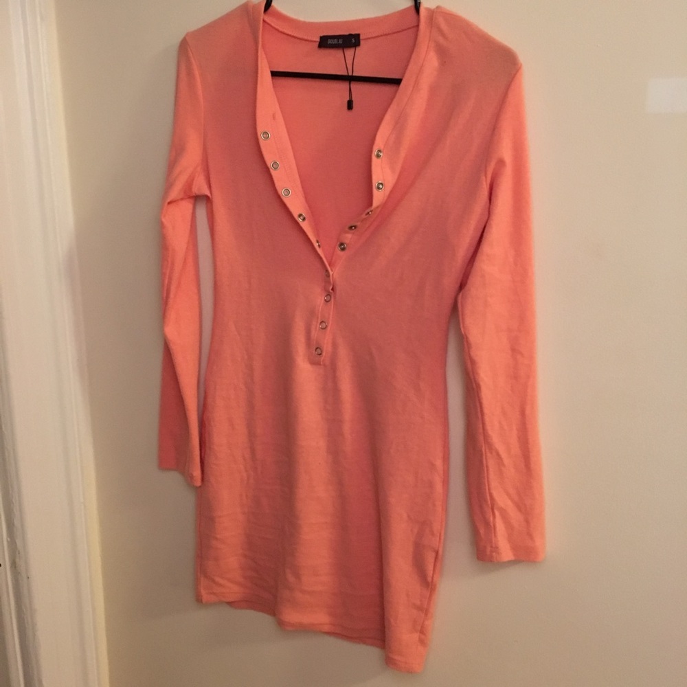 Fashion Nova Pink Coral Henley Mini Dress Sz Small